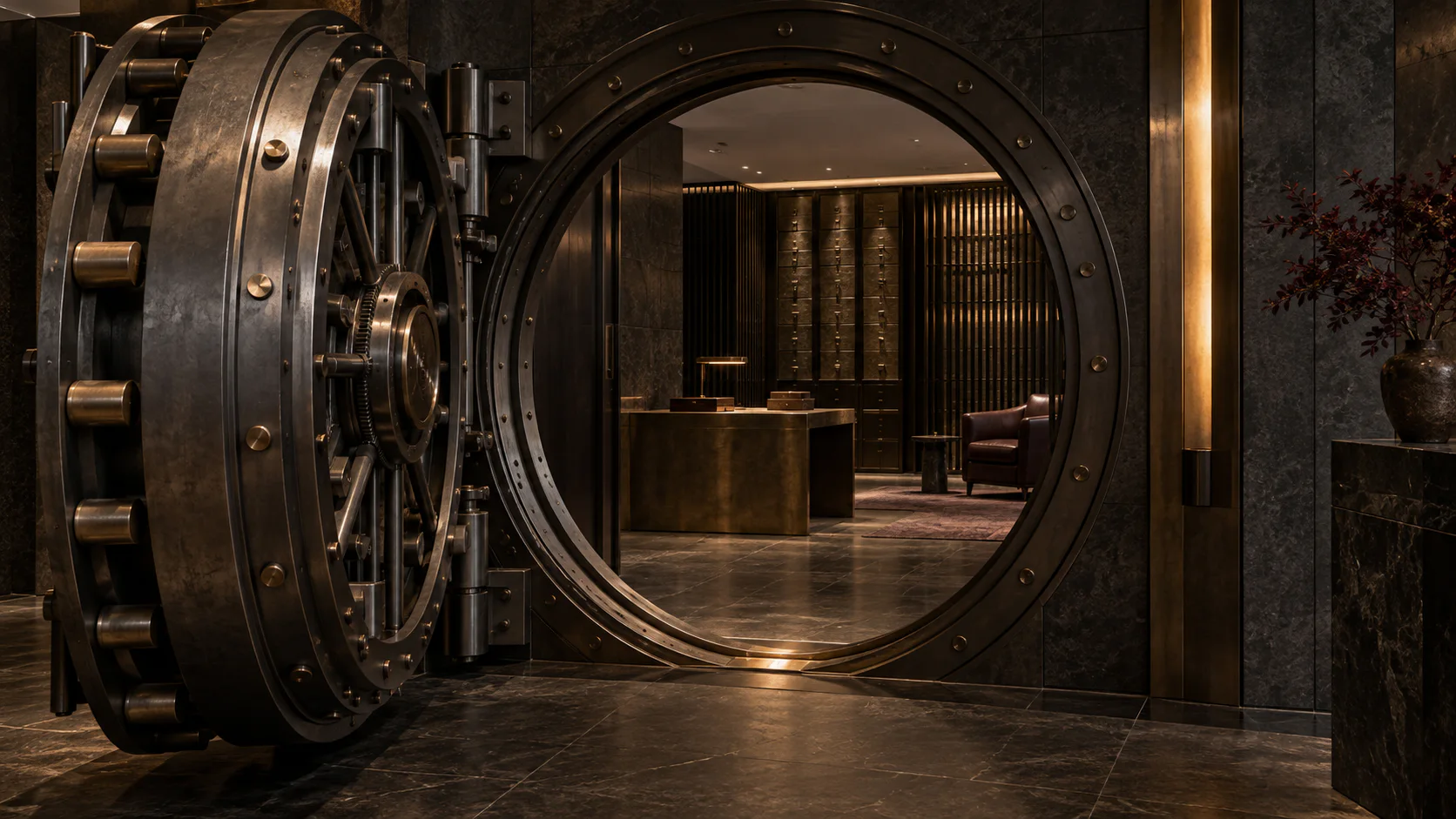Open private vault leading into a quiet client viewing room